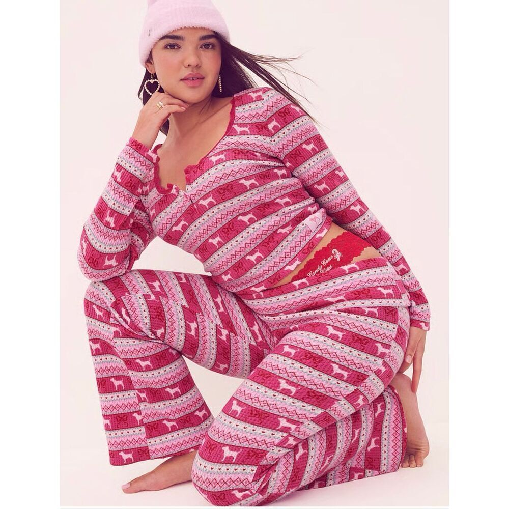NWT blue fair isle VS pink x loveshackfancy waffle long thermal pj pajama set
